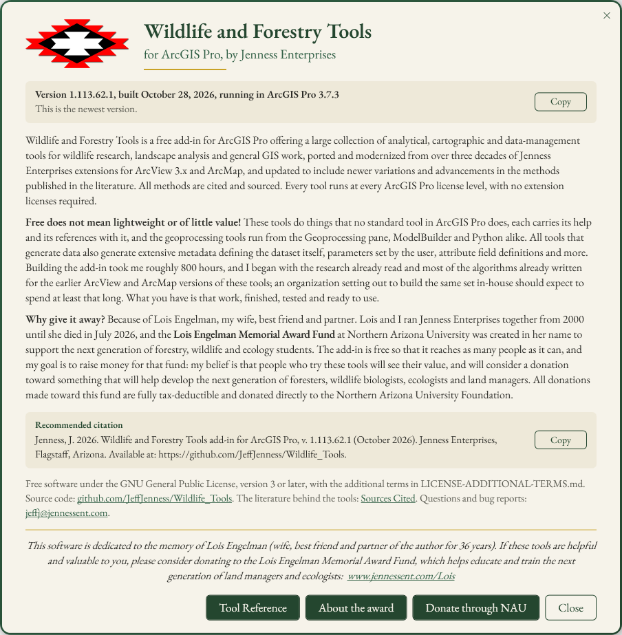 The About the Add-in card: the Jenness Enterprises logo and the add-in's name across the top, a shaded box with the version line, the result of the version check and a Copy button, three paragraphs about the add-in, a shaded citation box with its own Copy button, the license line with its links, the dedication in italics, and four buttons along the bottom: Tool Reference, About the award, Donate through NAU and Close