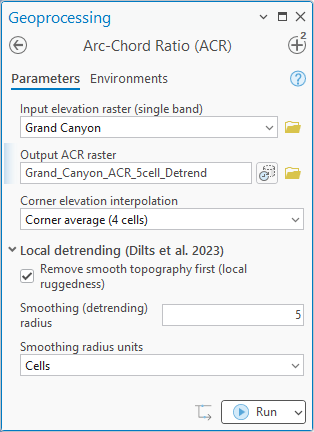 The ACR pane with output Grand_Canyon_ACR_5cell_Detrend, corner average interpolation, and in the Local detrending group Remove smooth topography first checked, smoothing radius 5, smoothing radius units Cells
