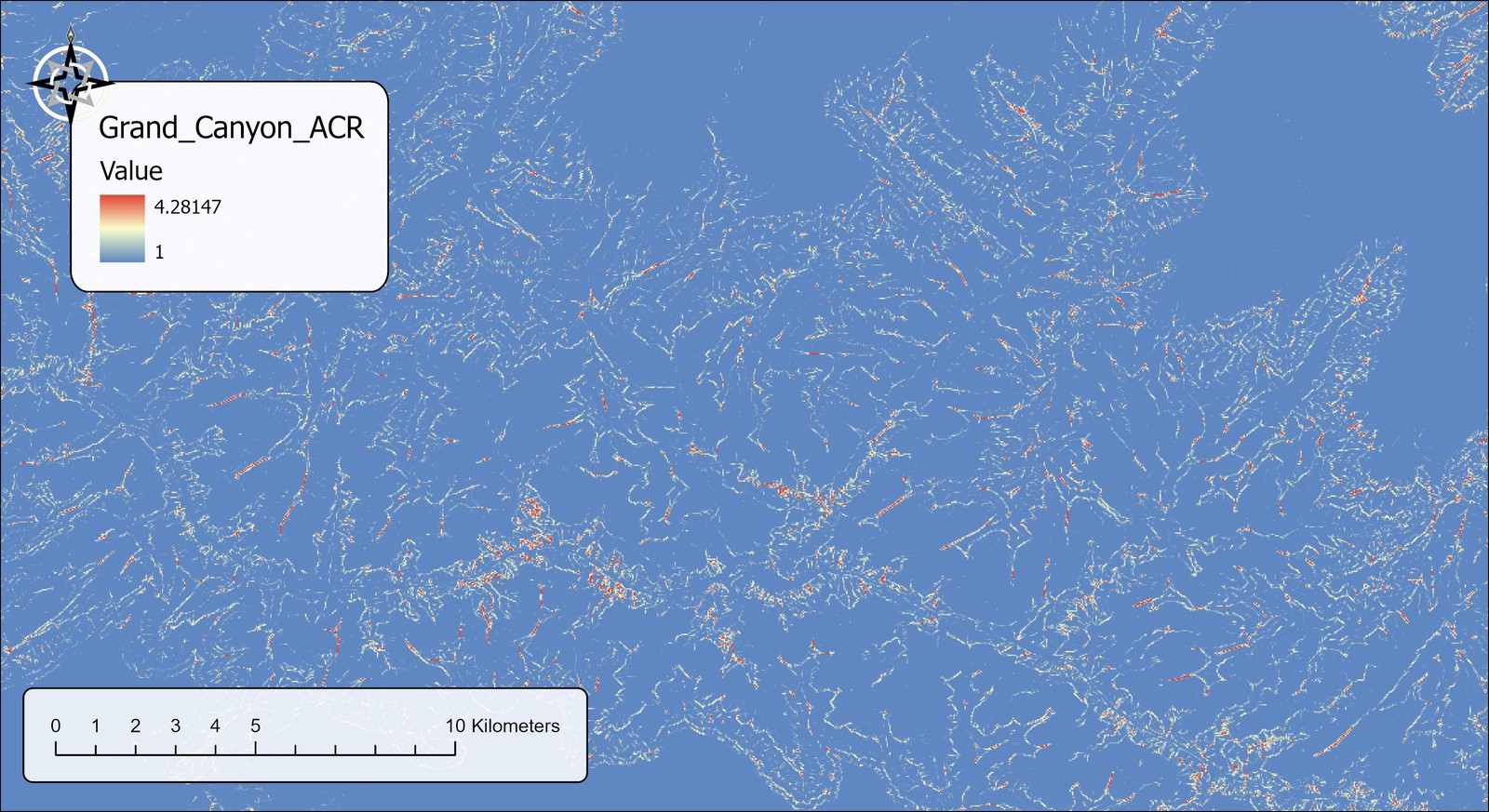 The Grand_Canyon_ACR raster: an almost entirely blue map with a scatter of short, thin red and yellow streaks along cliff edges, fins and drainage bottoms; legend from 1 to 4.28147
