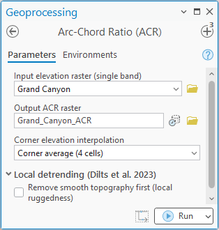 The Arc-Chord Ratio (ACR) geoprocessing pane: input Grand Canyon, output Grand_Canyon_ACR, corner elevation interpolation Corner average (4 cells), and the Local detrending group open with Remove smooth topography first unchecked