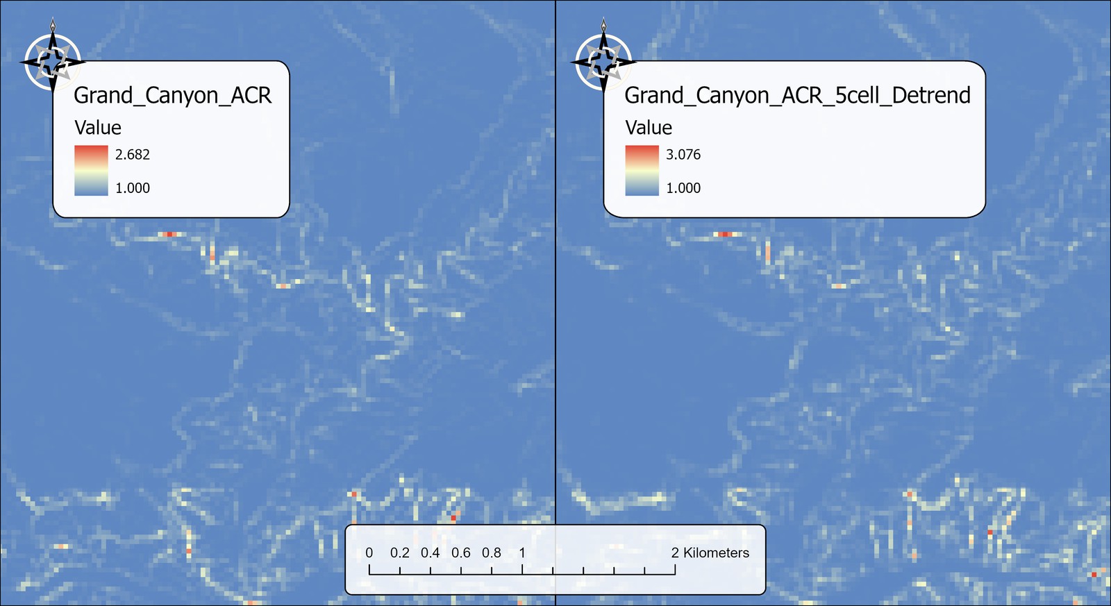 Two maps of the same area, about four kilometers wide, side by side. On the left, Grand_Canyon_ACR, 1 to 2.682. On the right, Grand_Canyon_ACR_5cell_Detrend, 1 to 3.076, with a similar pattern of thin lines but more of them bright, especially in the steep ground at the bottom of the view.