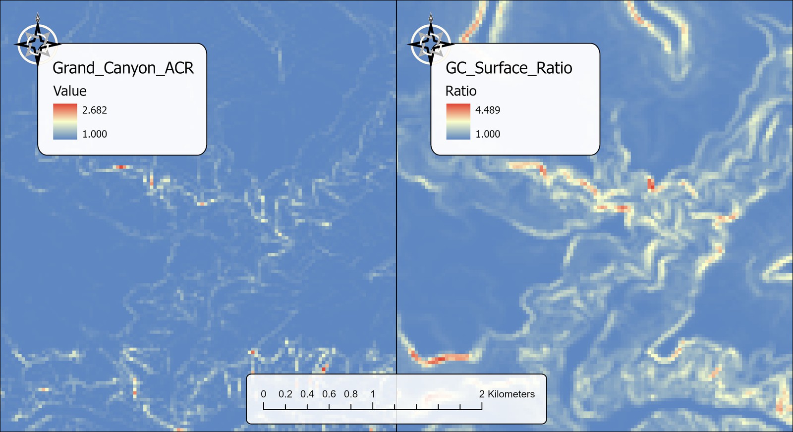 Two maps of the same area, about four kilometers wide, side by side. On the left, Grand_Canyon_ACR, 1 to 2.682, is mostly blue with thin broken lines. On the right, GC_Surface_Ratio, 1 to 4.489, shows wide continuous pale and red bands following every cliff.