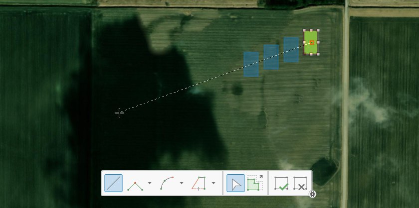 The map while drawing the first axis: a dashed line from the selected plot toward the southwest, with three translucent blue preview copies of the plot along it