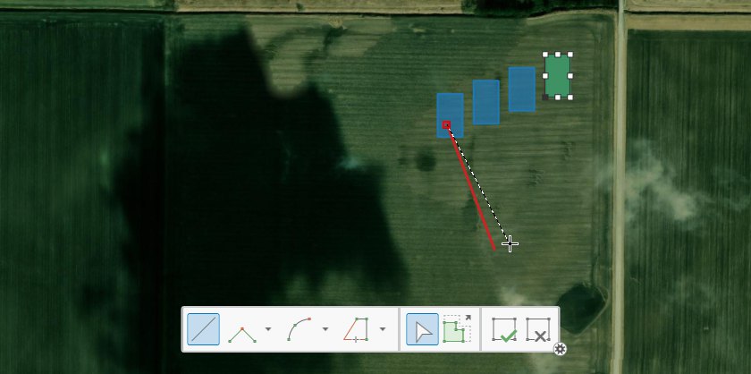 The map while drawing the second axis with Ctrl held: a red line from the first vertex toward the cursor shows the snapped direction beside the dashed rubber band