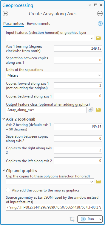 The Create Array along Axes geoprocessing tool filled from the window: bearings 249.15 and 159.15, 3 copies forward, 2 to the right, the output feature class Array_along_axes, and the source geometry as Esri JSON in the last box