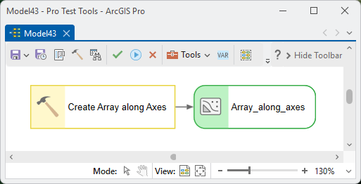 A ModelBuilder diagram with only the Create Array along Axes tool and its Array_along_axes output; no input feature class feeds the tool