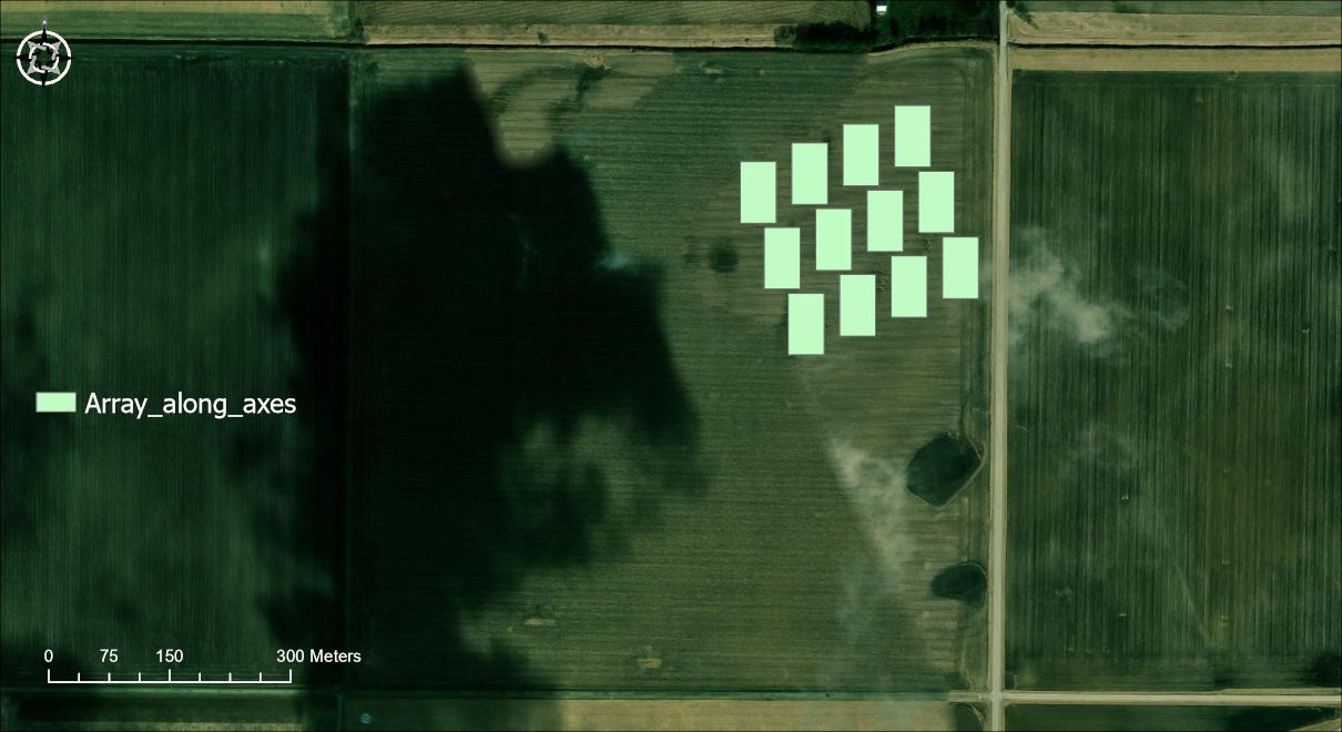 A layout of the field with the Array_along_axes feature class: twelve pale green plot rectangles in a 4 by 3 block angled along the two axes