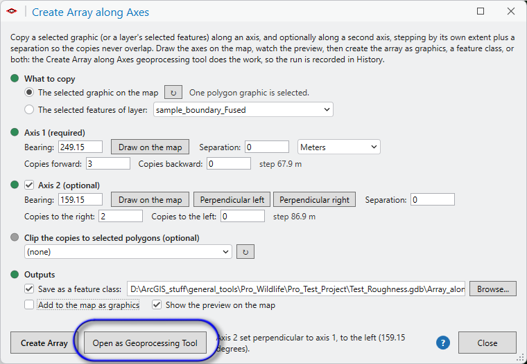 The Create Array along Axes window with the Open as Geoprocessing Tool button outlined
