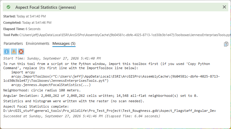 The Aspect Focal Statistics run report, Messages tab: the ImportToolbox scripting hint; Neighborhood: circle radius 100 meters; Angular Deviation: 2,048,262 of 2,048,262 cells written, 14,548 all-flat neighborhoods set to 0; statistics and histogram written with the raster; Aspect Focal Statistics complete; elapsed time 6.04 seconds
