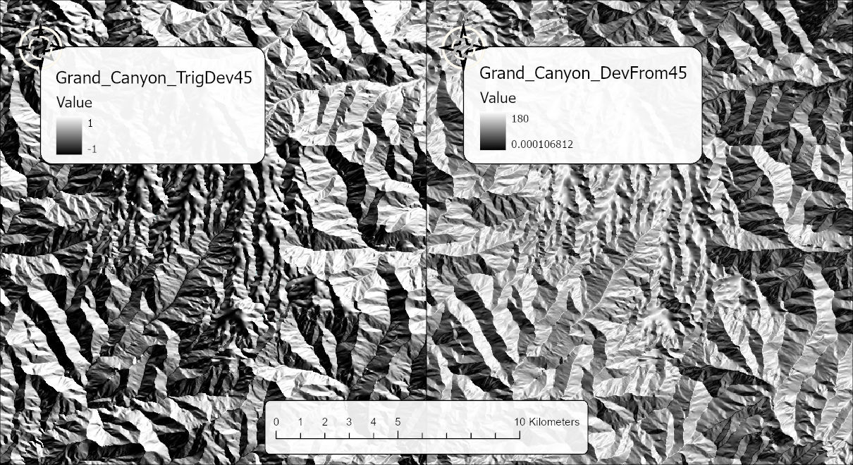 Side-by-side grayscale maps of the same area. Left: Grand_Canyon_TrigDev45, from -1 (black) to 1 (white). Right: Grand_Canyon_DevFrom45, from about 0 (black) to 180 (white). The two images look like negatives of each other.
