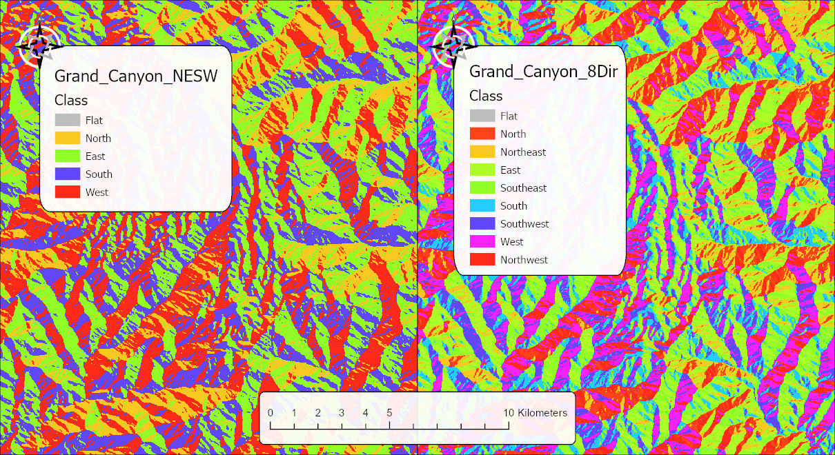Side-by-side maps of the same area. Left: Grand_Canyon_NESW, with North, East, South and West classes in orange, green, blue and red. Right: Grand_Canyon_8Dir, with North, Northeast, East, Southeast, South, Southwest, West and Northwest classes in eight colors. Both legends also list a gray Flat class.