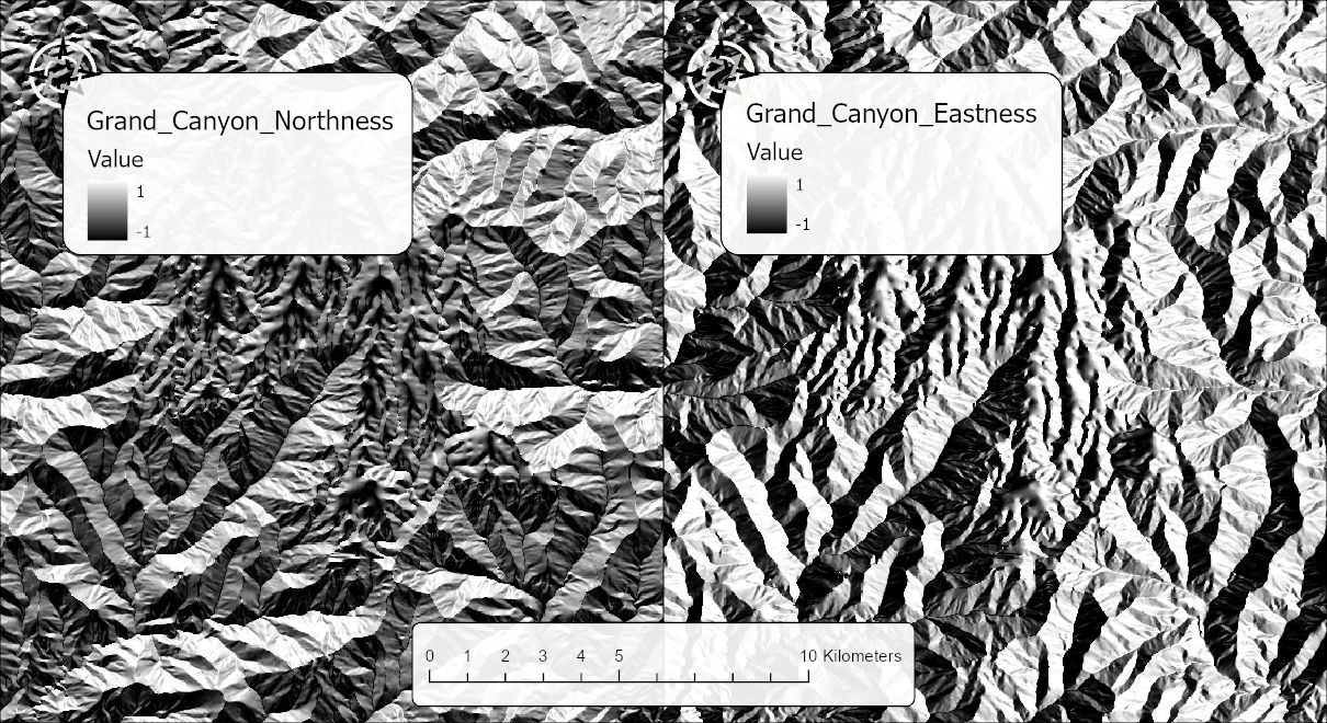 Side-by-side grayscale maps of the same area. Left: Grand_Canyon_Northness, from -1 (black) to 1 (white). Right: Grand_Canyon_Eastness, from -1 (black) to 1 (white).