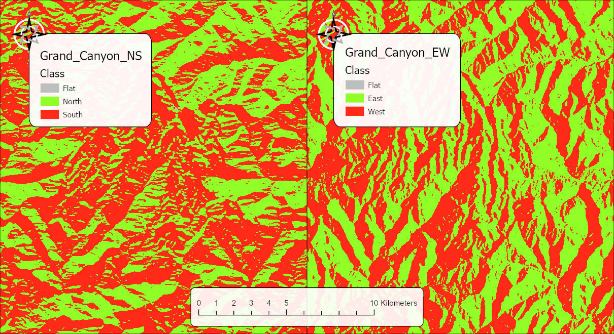 Side-by-side maps of the same area. Left: Grand_Canyon_NS, with North in green and South in red. Right: Grand_Canyon_EW, with East in green and West in red. Both legends also list a gray Flat class.