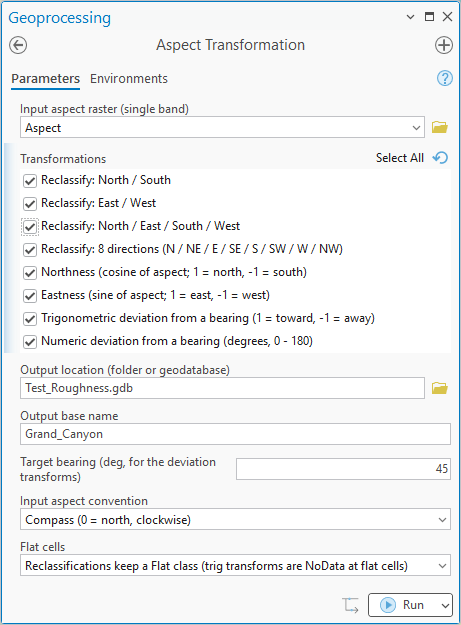 The Aspect Transformation geoprocessing pane: input aspect raster Aspect; all eight transformations checked (North / South, East / West, North / East / South / West, 8 directions, Northness, Eastness, trigonometric deviation from a bearing, numeric deviation from a bearing); output location Test_Roughness.gdb; output base name Grand_Canyon; target bearing 45; input aspect convention Compass (0 = north, clockwise); flat cells: reclassifications keep a Flat class (trig transforms are NoData at flat cells)