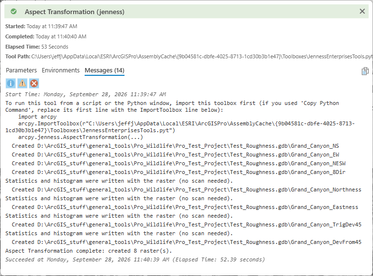 The Aspect Transformation run report, Messages tab: the ImportToolbox scripting hint; a Created line for each of the eight output rasters in Test_Roughness.gdb, from Grand_Canyon_NS through Grand_Canyon_DevFrom45; a statistics-and-histogram line after each continuous raster; Aspect Transformation complete: created 8 raster(s); elapsed time 52.39 seconds
