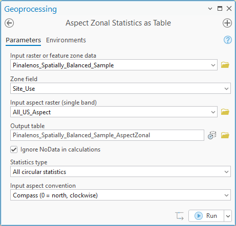 The Aspect Zonal Statistics as Table geoprocessing pane: input raster or feature zone data Pinalenos_Spatially_Balanced_Sample, zone field Site_Use, input aspect raster All_US_Aspect, output table Pinalenos_Spatially_Balanced_Sample_AspectZonal, Ignore NoData in calculations checked, statistics type All circular statistics, input aspect convention Compass (0 = north, clockwise)