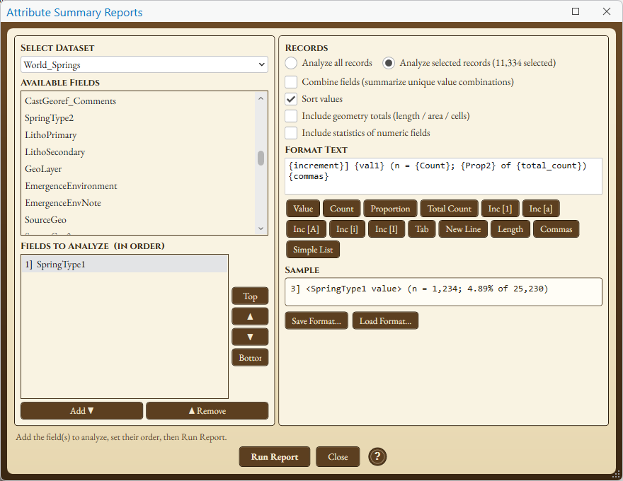 The Attribute Summary Reports window with the dataset World_Springs and SpringType1 as the field to analyze. Analyze selected records (11,334 selected) is chosen, Sort values is checked, and the two Include boxes are unchecked. The Format Text box holds {increment}] {val1} (n = {Count}; {Prop2} of {total_count}){commas}, one row of placeholder buttons sits under it, and the Sample box reads 3] SpringType1 value (n = 1,234; 4.89% of 25,230)