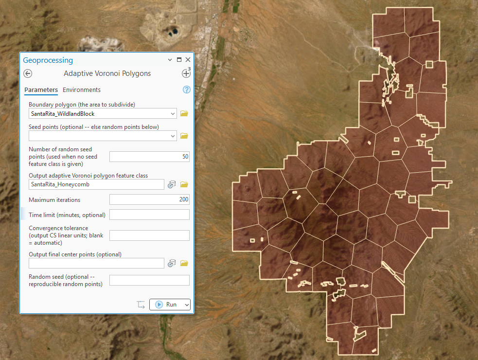 The Adaptive Voronoi Polygons dialog set to subdivide a wildland block into 50 cells from random seeds over 200 iterations, beside the result: a honeycomb of compact, near-equal cells molded to the block's boundary