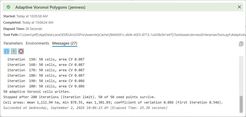 The tool's closing messages: per-10-iteration area CV lines holding at 0.086, the line 'Stopped after 200 iterations (iteration limit). 50 of 50 seed points survive.', and the final cell-area statistics with the coefficient of variation 0.086 against 0.546 at the first iteration