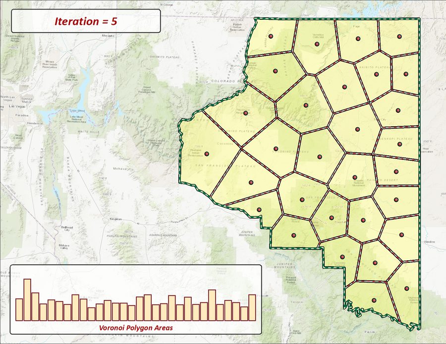 A frame from the video at iteration 5: Voronoi cells over a county-sized area with their generating points, and an inset histogram of the still-unequal cell areas