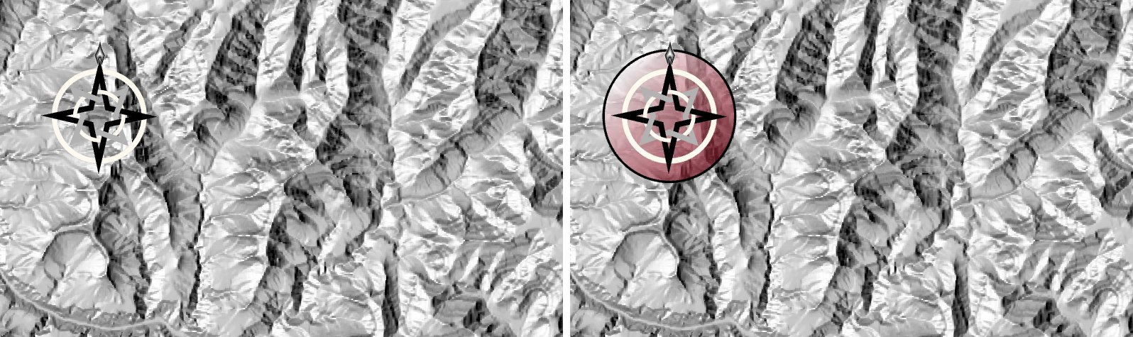 Two views of the same north arrow on a gray hillshade: on the left the arrow alone, its black and gray points hard to pick out against the shaded terrain; on the right the same arrow on a partly transparent reddish circle with a gradient fill and a dark outline, with the tip of the north point reaching just past the circle