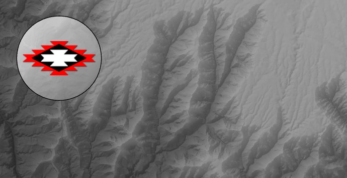 The same logo on the same hillshade, now sitting on a pale gray, partly transparent circle with a thin dark outline that clears the logo's corners by a small margin