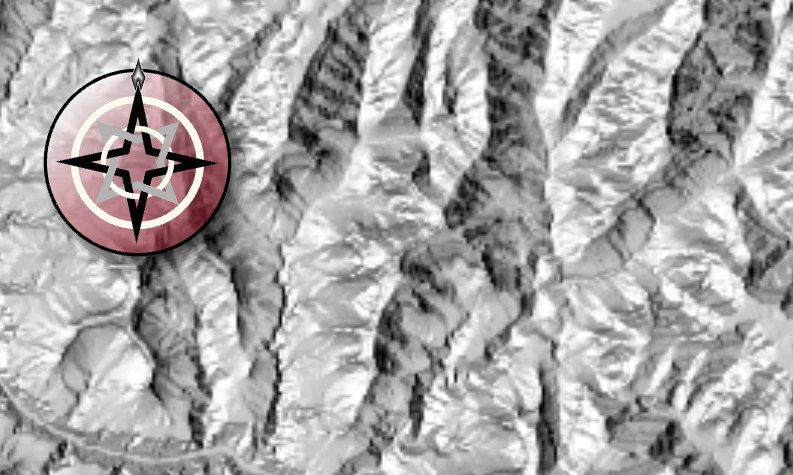 A north arrow on a reddish, partly transparent circle over a gray hillshade, with a soft dark shadow along the lower right edge of the circle and the tip of the north point reaching just past the circle at the top