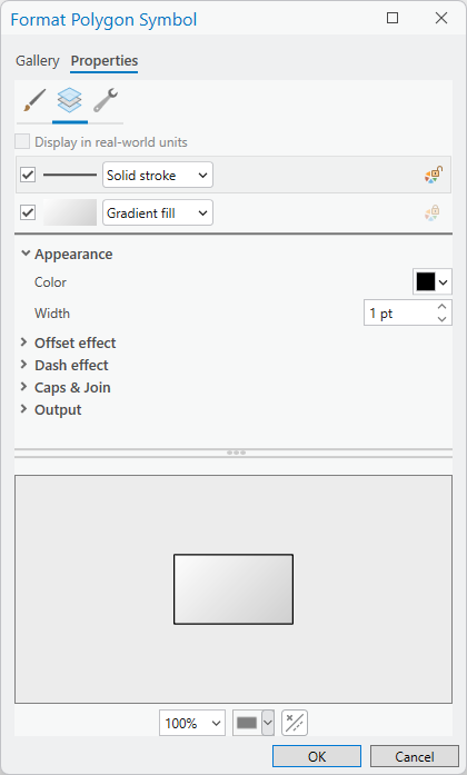 The Format Polygon Symbol editor on its Properties tab, with a solid black stroke layer and a gradient fill layer, the stroke's color and width settings, and a preview of the symbol at the bottom