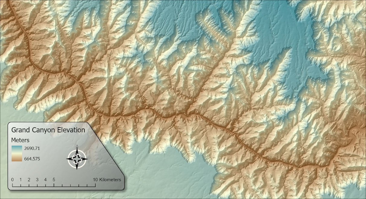 The same map with the legend, north arrow and scale bar now sitting together on one pale gray, partly transparent polygon with rounded corners, a dark outline and a soft shadow. The polygon's upper right side runs diagonally from above the legend down to the end of the scale bar