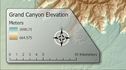 A legend titled Grand Canyon Elevation, a compass north arrow and a 10 kilometer scale bar in the lower left corner of a tinted relief map, all sitting on one pale gray, partly transparent background with five straight sides and rounded corners, a dark outline and a soft shadow, cut diagonally across its upper right so that it stays clear of the terrain