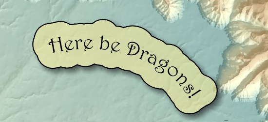 The words Here be Dragons! in an ornate typeface, curving across a tinted relief map on a pale yellow, partly transparent background that follows the curve of the lettering, with a dark outline and a soft shadow along its lower right edge