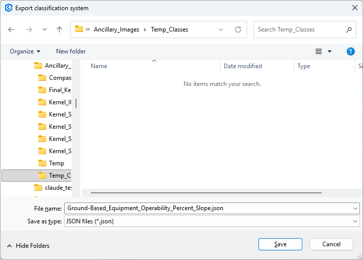 The Export classification system dialog, a standard Windows save dialog, with the file name Ground-Based_Equipment_Operability_Percent_Slope.json and the type JSON files (*.json)