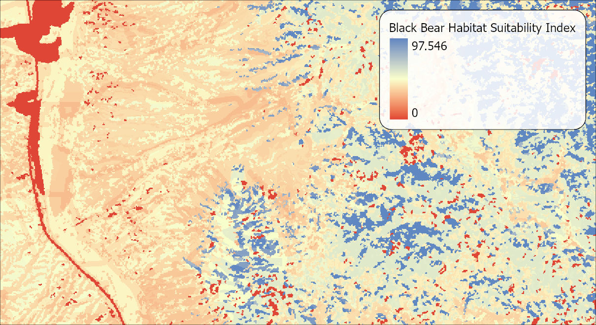 A black bear habitat suitability index raster: blue for the most suitable pixels, pale yellow for middling, and red for unsuitable, with a red interstate and town corridor along the left side