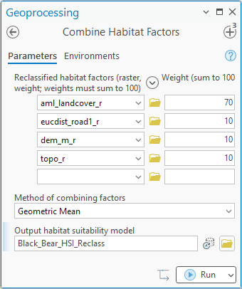 The Combine Habitat Factors geoprocessing pane: four reclassified habitat factor rows, aml_landcover_r weighted 70, eucdist_road1_r 10, dem_m_r 10 and topo_r 10, an empty fifth row, Geometric Mean as the method of combining factors, and the output habitat suitability model named Black_Bear_HSI_Reclass