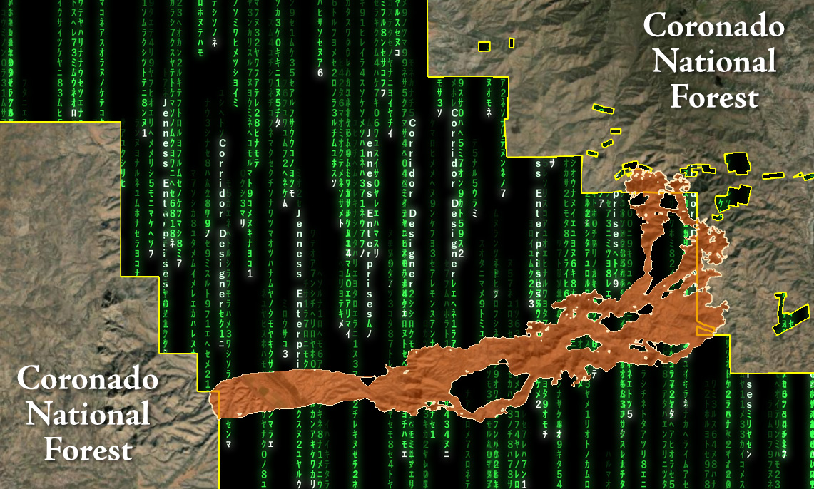 A modeled black bear corridor, in orange, crossing between two blocks of the Coronado National Forest; the land between the blocks is rendered as falling green Matrix-style digital rain