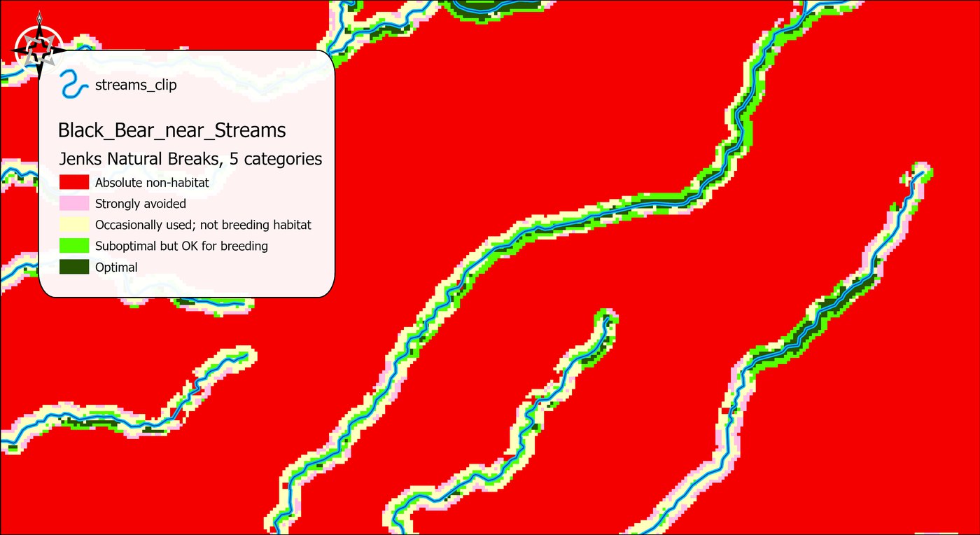 The same close view after the run: the model is red non-habitat everywhere except narrow ribbons along each stream, where a dark green core nearest the water gives way outward to bright green, pale yellow and pink bands before the red