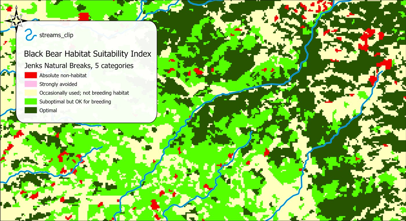 A close view of the black bear habitat suitability model in five classes, a patchwork of optimal dark green, suboptimal bright green, occasionally-used pale yellow and scattered red non-habitat, with the clipped streams overlaid as blue lines that bear no relation to the pattern