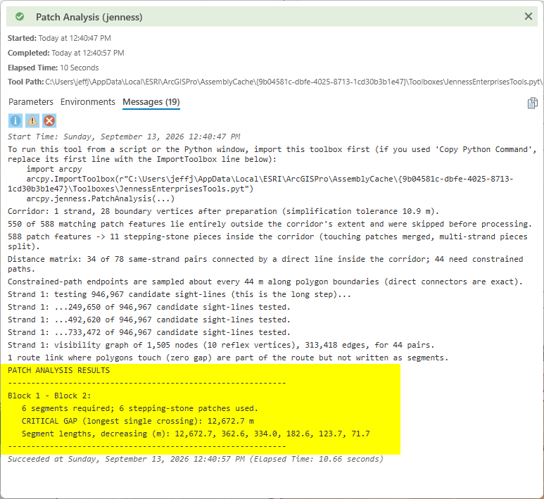The Patch Analysis messages for the alternative: 550 of 588 patches outside the corridor, 6 stepping-stone pieces, a visibility graph of 1,505 nodes, and the highlighted result: 6 segments required, critical gap 12,672.7 meters, segment lengths 12,672.7, 362.6, 334.0, 182.6, 123.7 and 71.7 meters