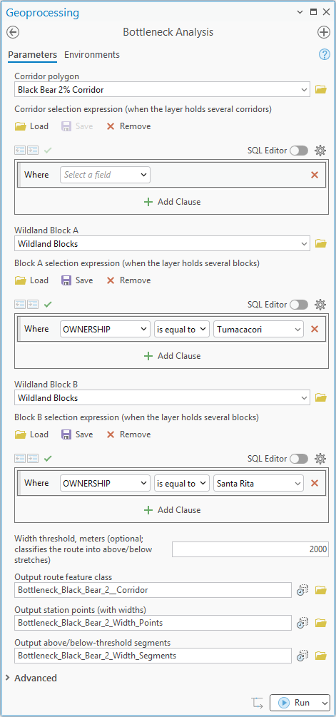 The Bottleneck Analysis geoprocessing pane: corridor polygon Black Bear 2 percent Corridor, Wildland Block A and B both set to Wildland Blocks with OWNERSHIP equal to Tumacacori and Santa Rita selection expressions, width threshold 2000, and three named output feature classes for the corridor, width points and width segments