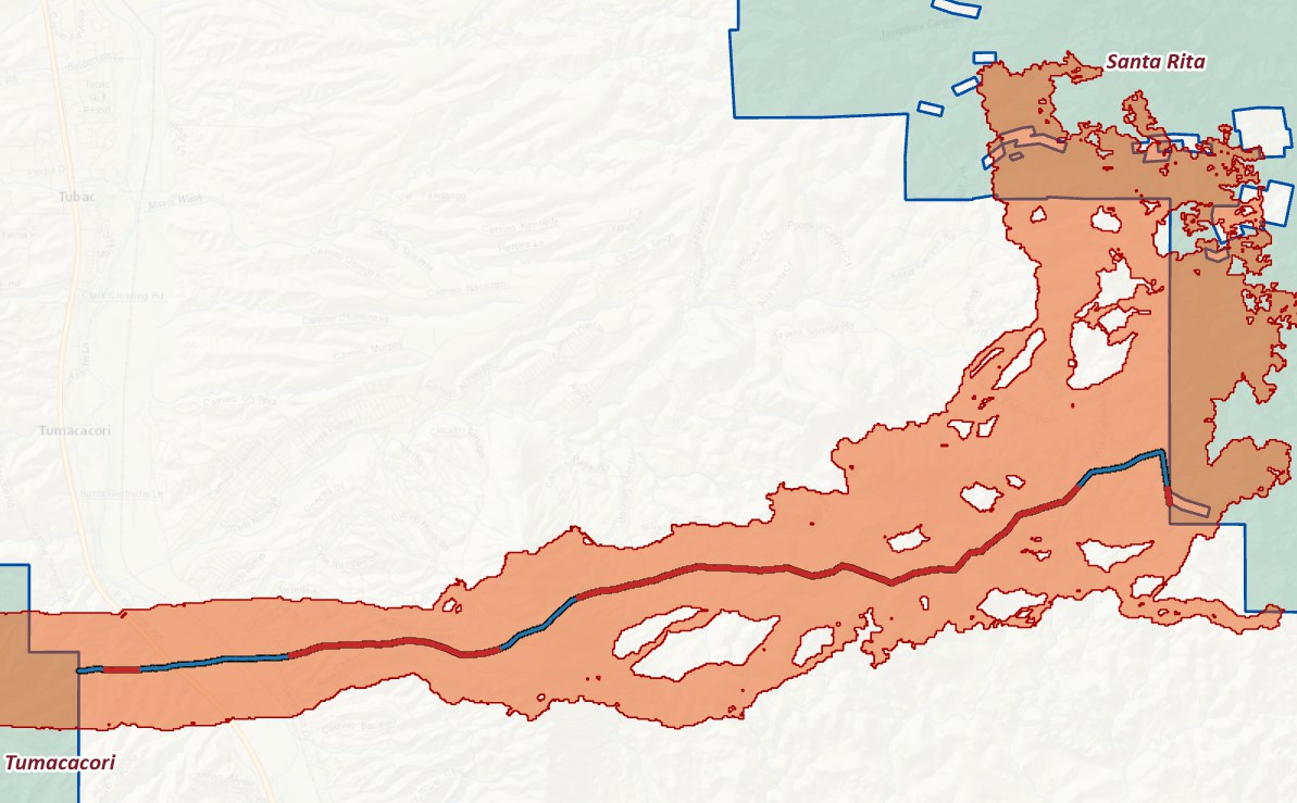 The corridor strand on the map with its centerline colored red where the width falls below 2000 meters and blue where it stays above, matching the graph