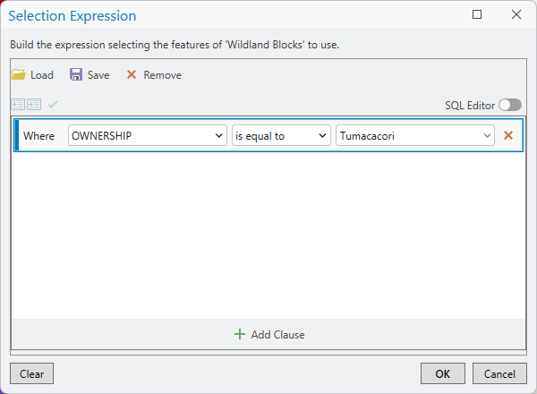 The Selection Expression query builder for Wildland Blocks: a single clause reading Where OWNERSHIP is equal to Tumacacori