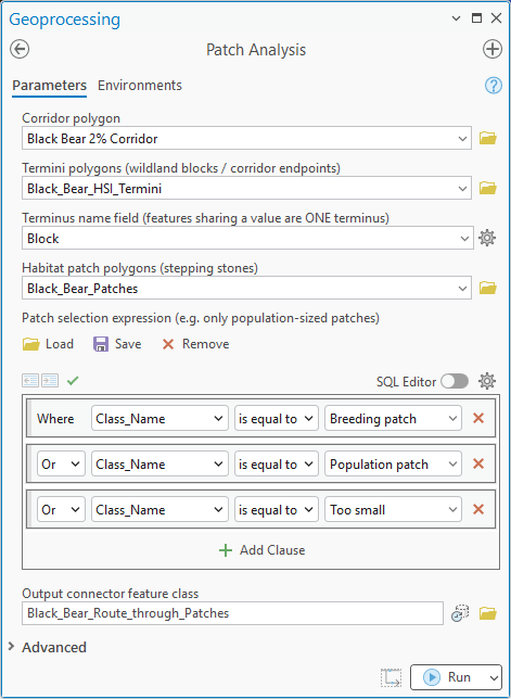 The Patch Analysis geoprocessing pane: the 2 percent black bear corridor, the black bear termini, the Block name field, the black bear patches, and a three-clause query builder selecting Breeding patch, Population patch and Too small, output named Black_Bear_Route_through_Patches