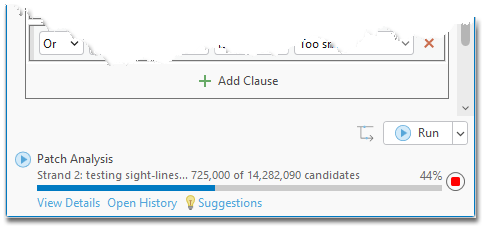 The Patch Analysis progress indicator: Strand 2, testing sight-lines, 725,000 of 14,282,090 candidates, 44 percent complete, with a cancel button
