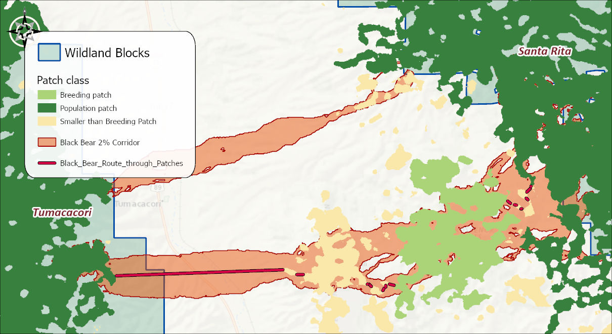 The corridor and patch map with a dark red route line running from inside the Tumacacori wildland block, through the breeding and population patches, to the Santa Rita block