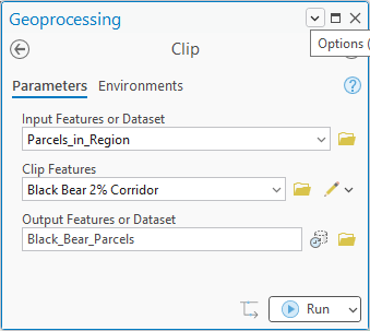 The ArcGIS Pro Clip tool: Input Features Parcels_in_Region, Clip Features Black Bear 2% Corridor, Output Black_Bear_Parcels