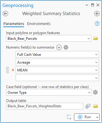 The Weighted Summary Statistics dialog: input Black_Bear_Parcels, numeric fields Full Cash Value, Acreage and MEAN, case field Owner Type, output table Black_Bear_Parcels_WeightedStats