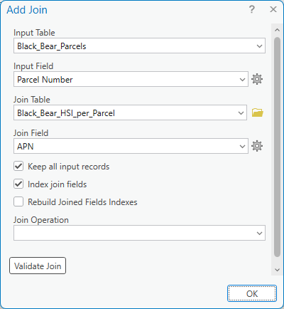The Add Join dialog: Input Table Black_Bear_Parcels, Input Field Parcel Number, Join Table Black_Bear_HSI_per_Parcel, Join Field APN, Keep all input records checked