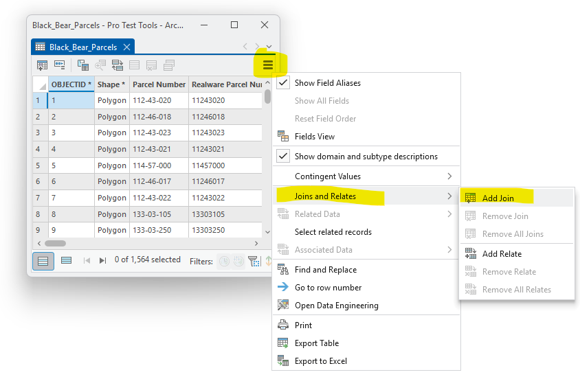 The Black_Bear_Parcels attribute table with its menu open, Joins and Relates highlighted, and the Add Join item highlighted in the submenu