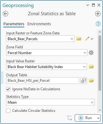 The Zonal Statistics as Table dialog: zone data Black_Bear_Parcels, zone field Parcel Number, value raster Black Bear Habitat Suitability Index, output table Black_Bear_HSI_per_Parcel, statistics type Mean