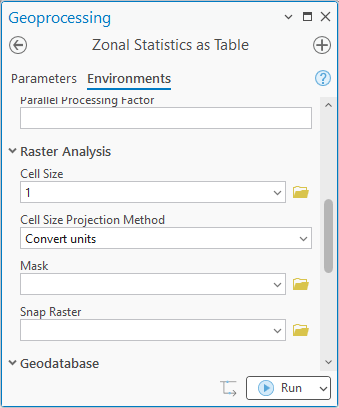 The same tool's Environments tab with Cell Size set to 1